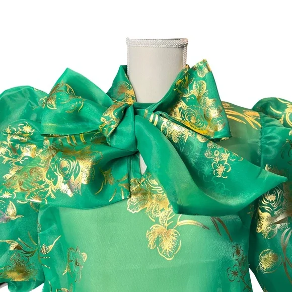 #A117 Nancy Sheer Luxe Green & Gold Organza Puff Sleeve Top NWT L - Picture 8 of 14